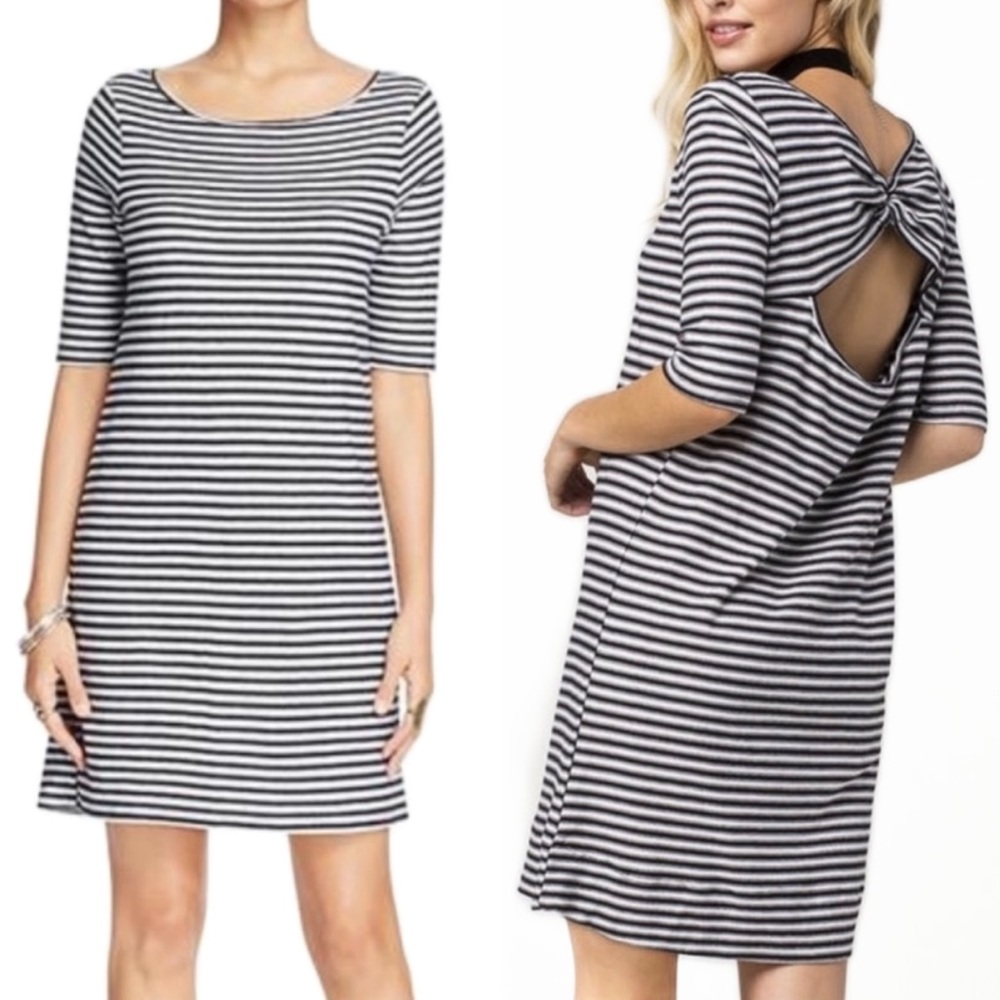 NWT Free People Black White Striped Cutout Split Back Short Sleeve Knit Dress